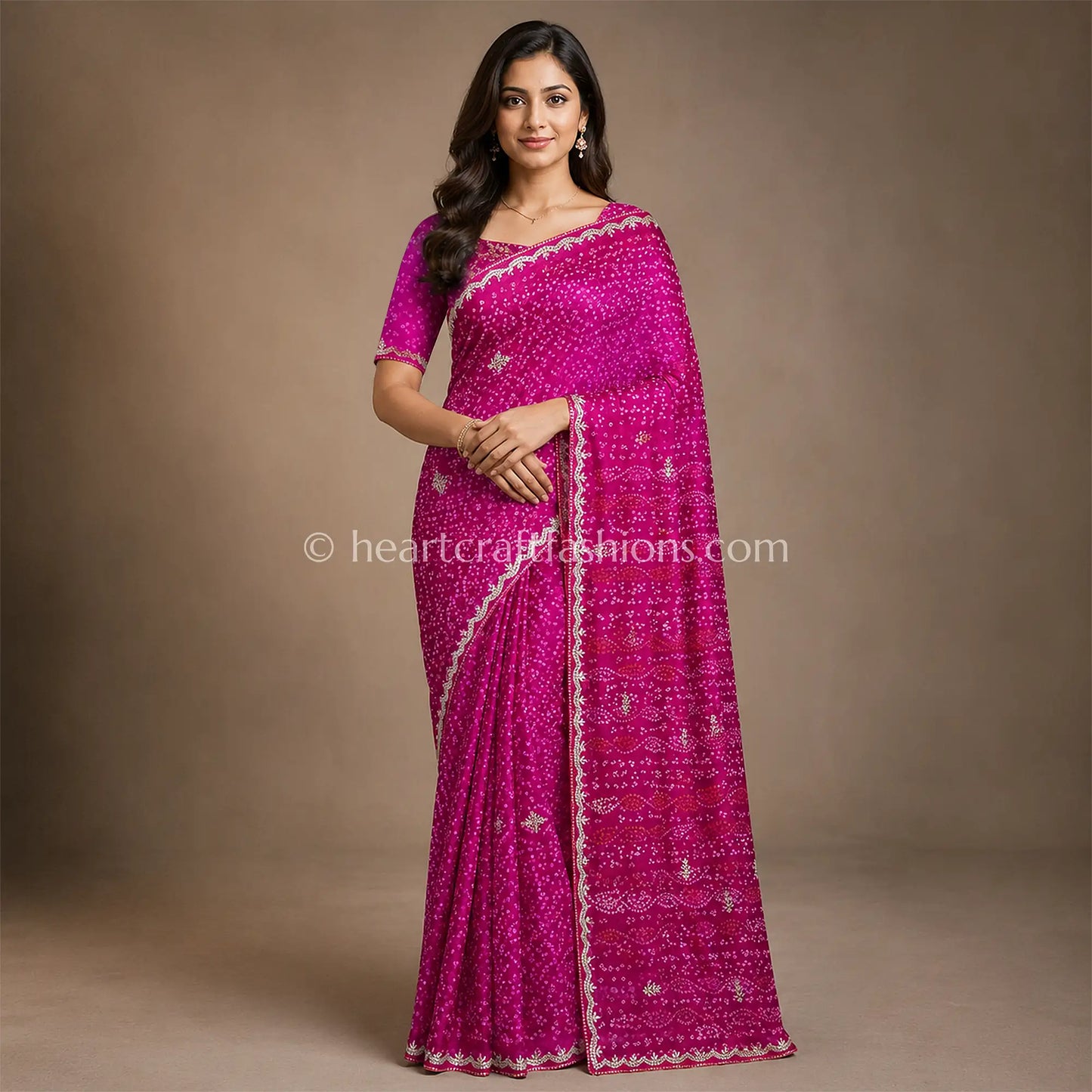 Rani Pink Bandhani Chiffon Gota Patti Saree