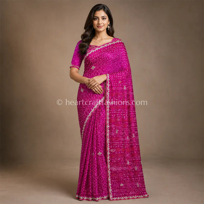 Rani Pink Bandhani Chiffon Gota Patti Saree