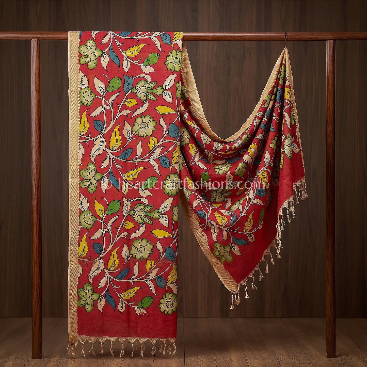 Rani Pink Kalamkari Hand Painted Bangalore Silk Floral Dupatta