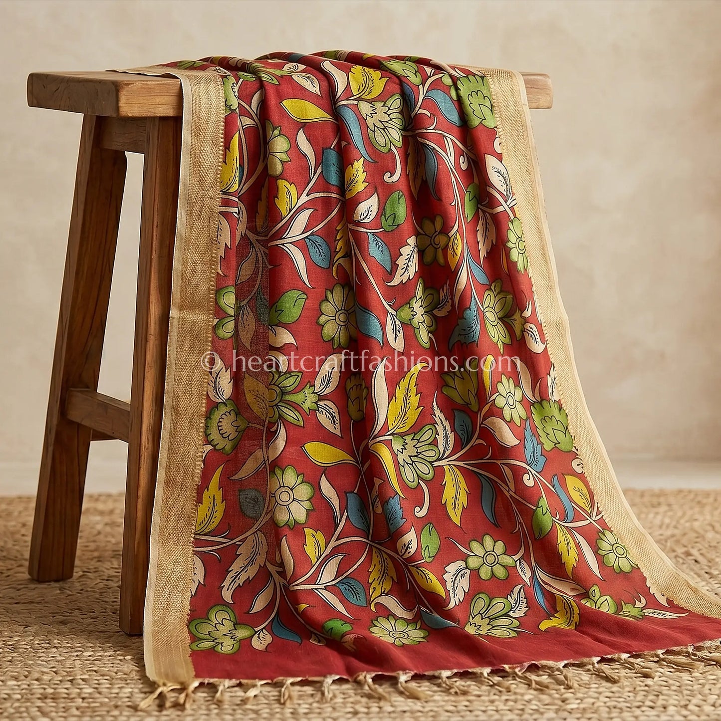 Rani Pink Kalamkari Hand Painted Bangalore Silk Floral Dupatta