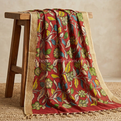 Rani Pink Kalamkari Hand Painted Bangalore Silk Floral Dupatta