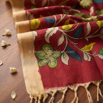Rani Pink Kalamkari Hand Painted Bangalore Silk Floral Dupatta