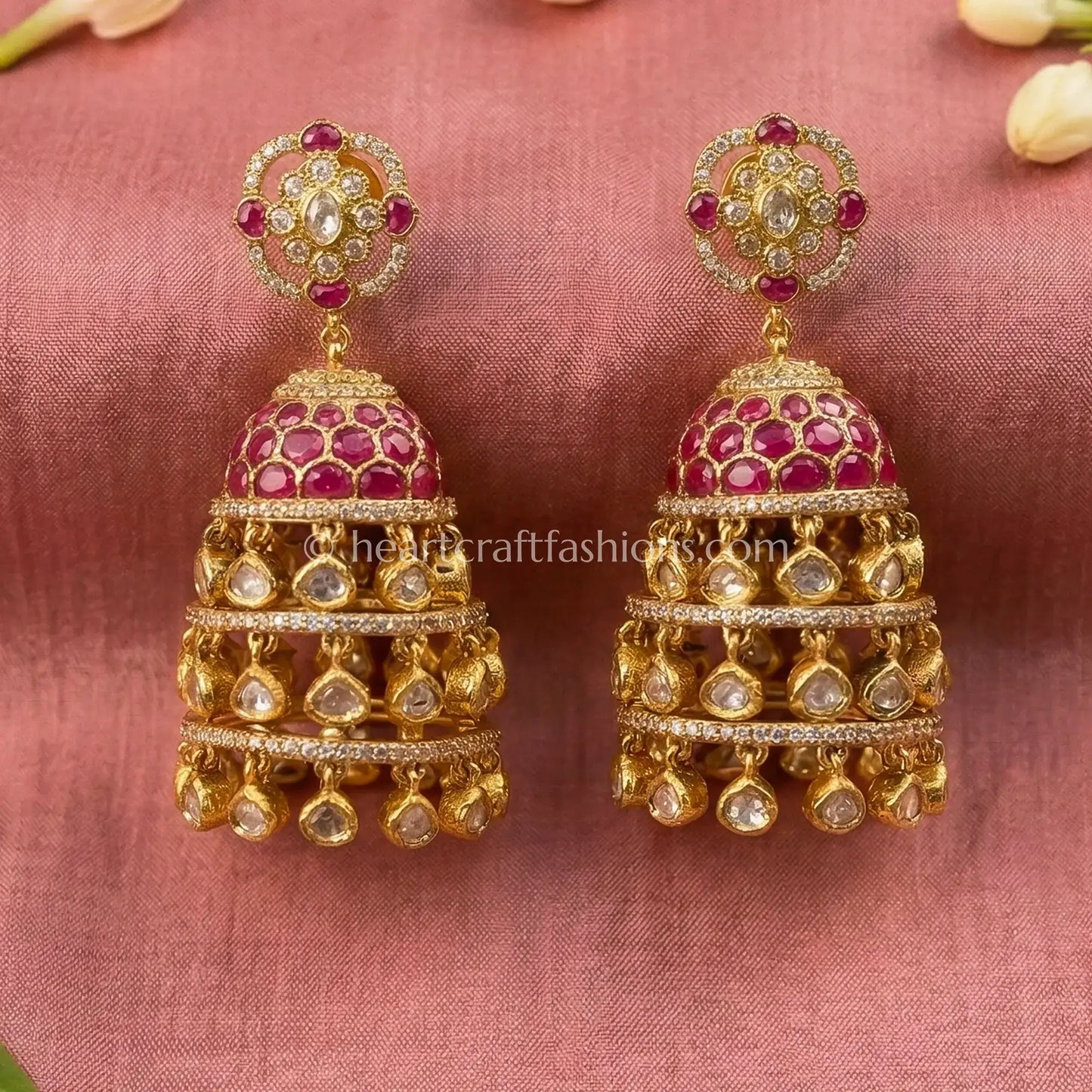 Rani Pink Sunehri Kundan Jhumar Jhumka
