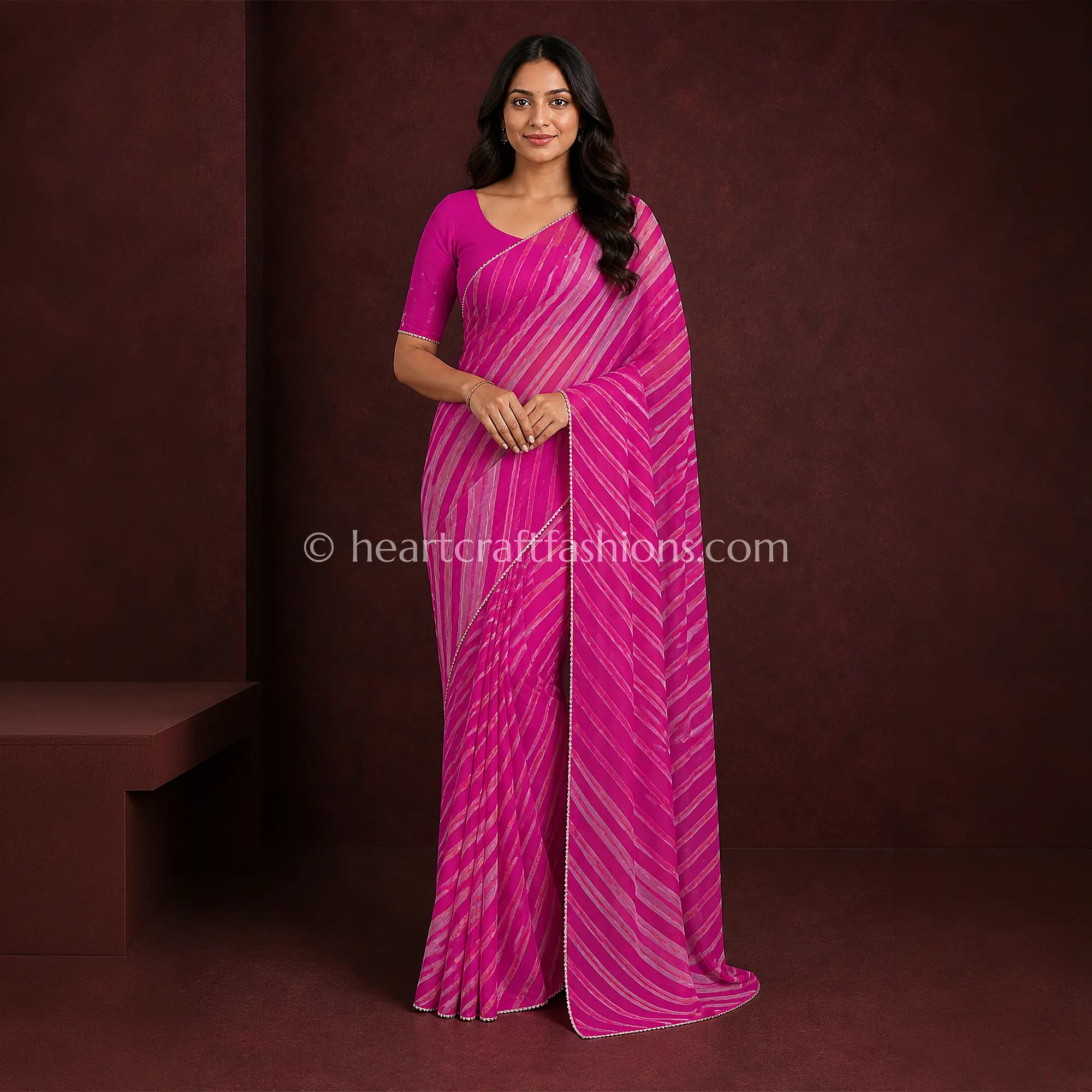 Rani Pink Organza Handwork Leheriya Saree