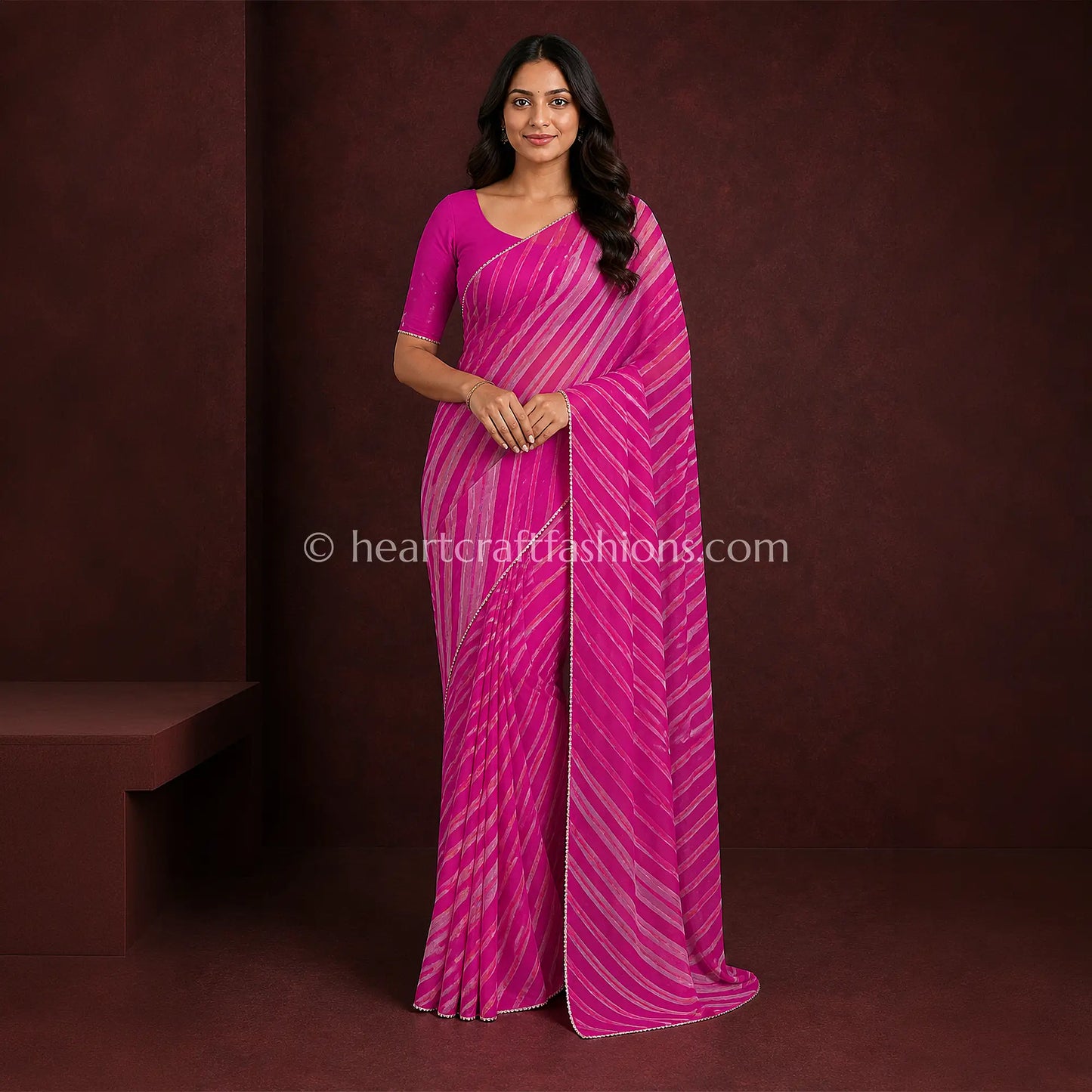 Rani Pink Organza Handwork Leheriya Saree