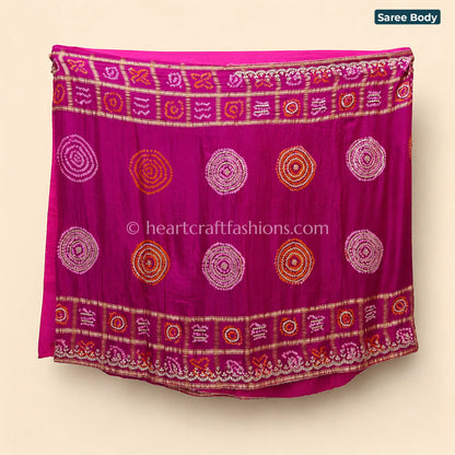 Rani Pink Pure Gajji Silk Garchola Bandhej Gota Patti Saree