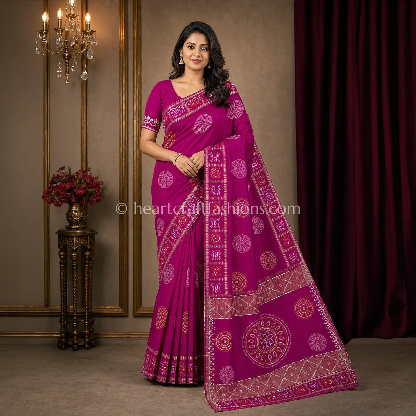 Rani Pink Pure Gajji Silk Garchola Bandhej Gota Patti Saree