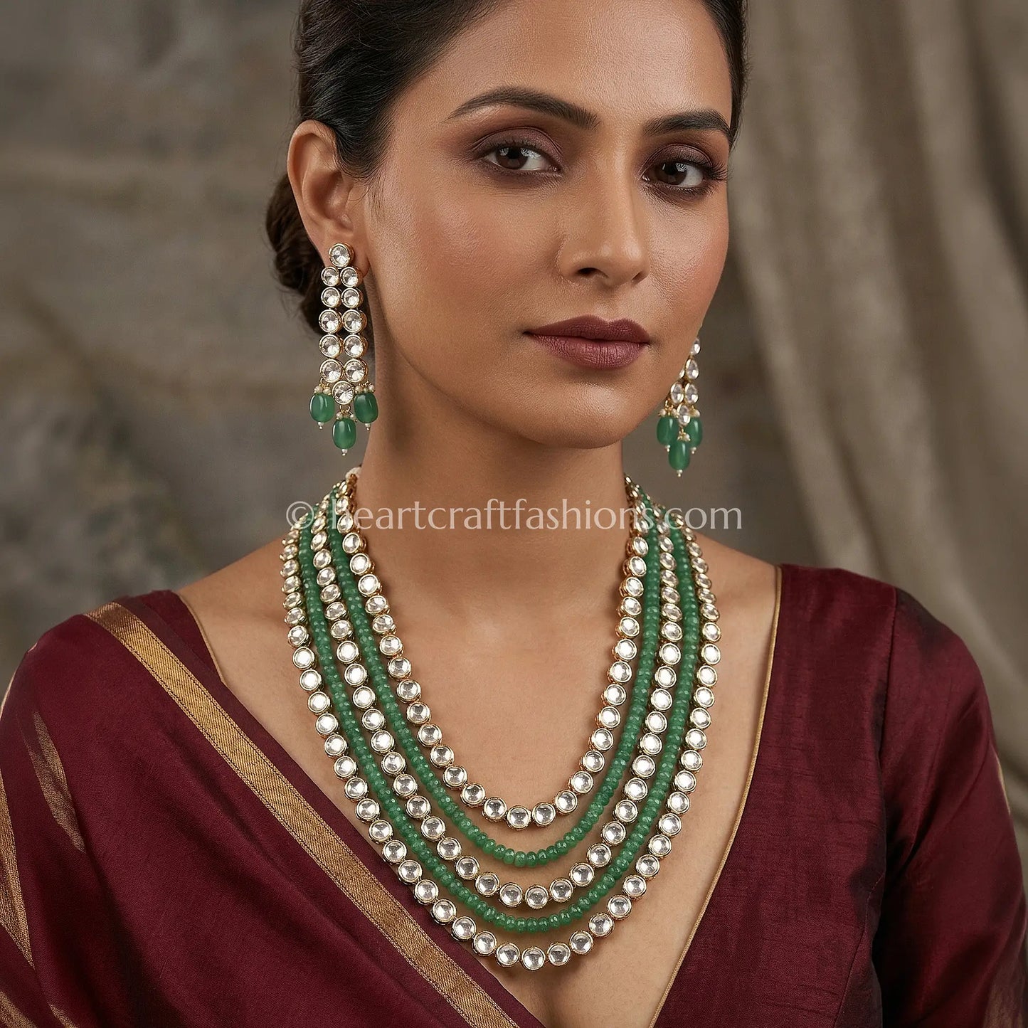 Refined Uncut Sunehri Kundan Green Beaded Layered Haar