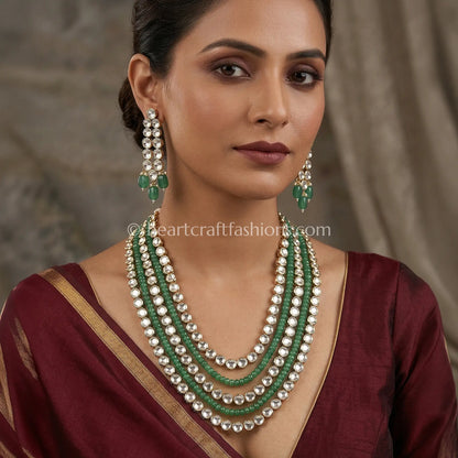 Refined Uncut Sunehri Kundan Green Beaded Layered Haar