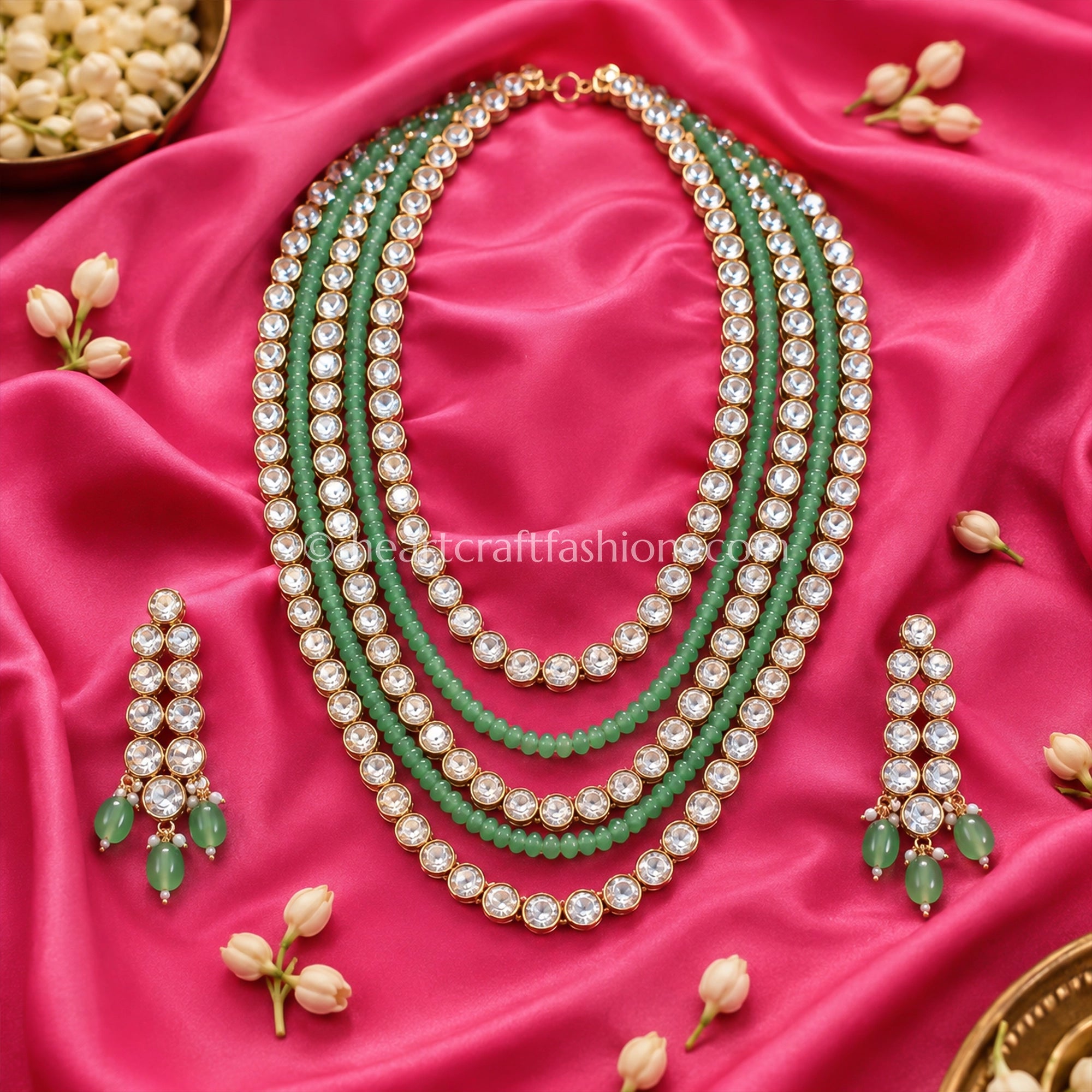 Refined Uncut Sunehri Kundan Green Beaded Layered Haar