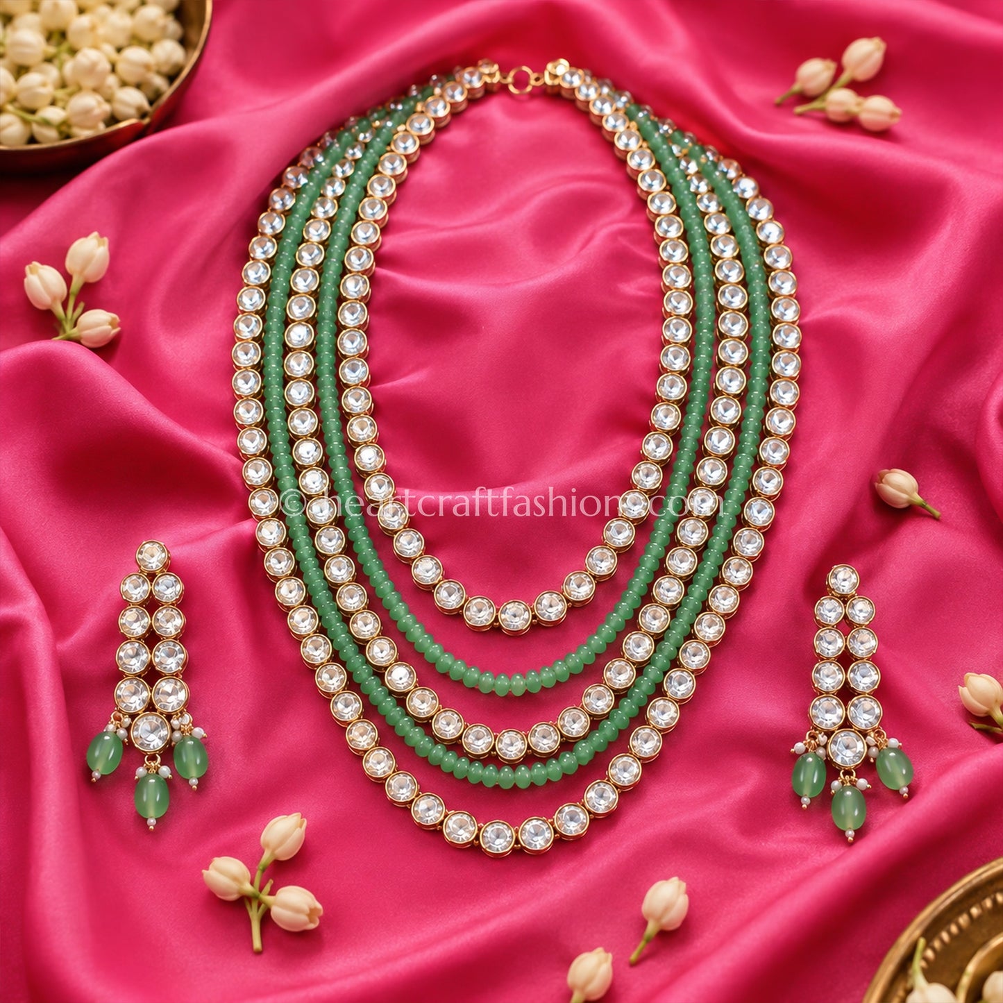 Refined Uncut Sunehri Kundan Green Beaded Layered Haar