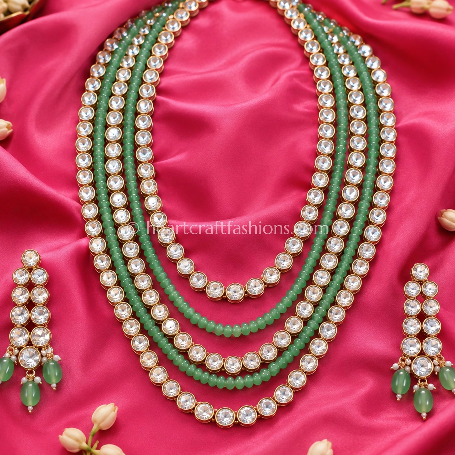 Refined Uncut Sunehri Kundan Green Beaded Layered Haar