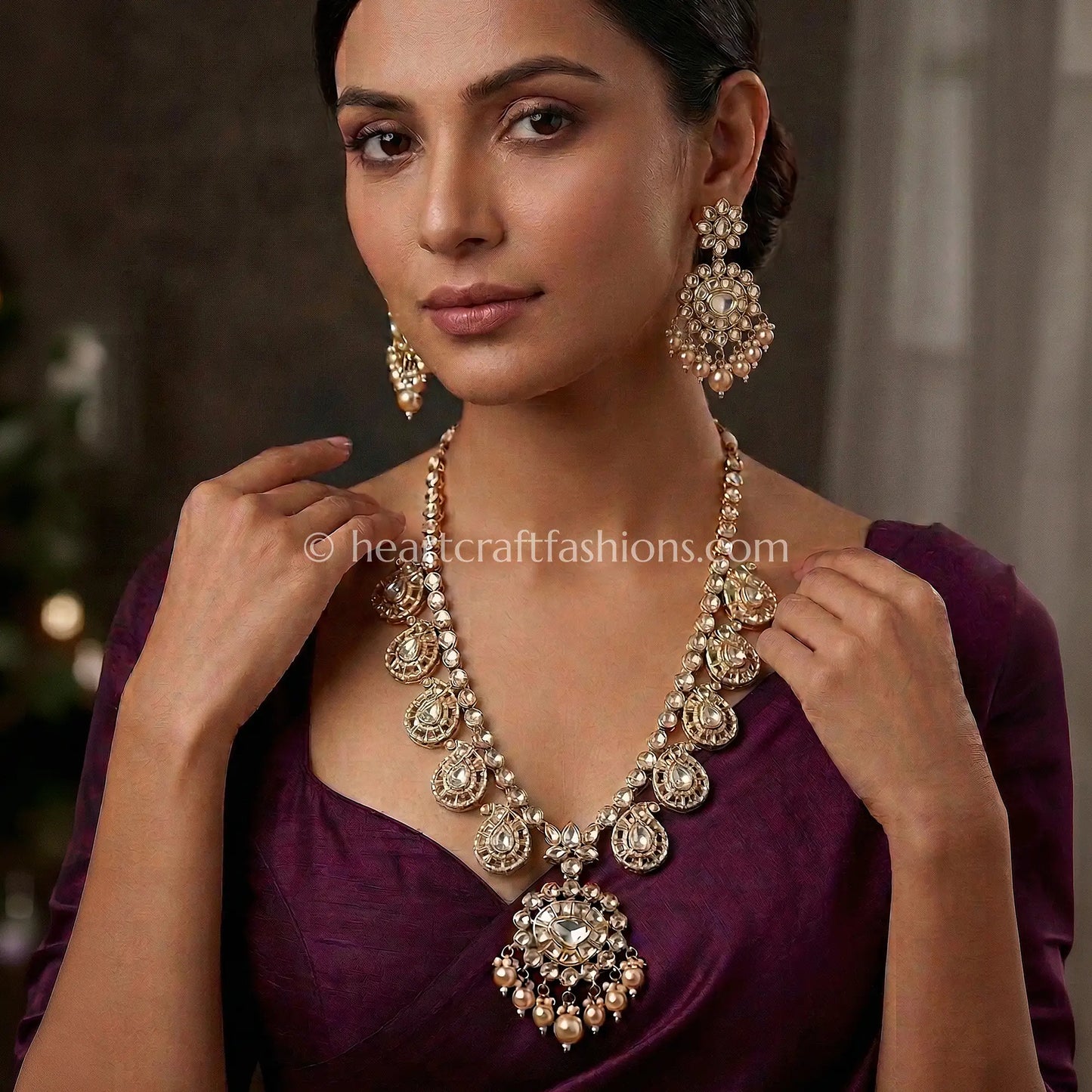 Regal Moissanite Polki Drop Necklace Set