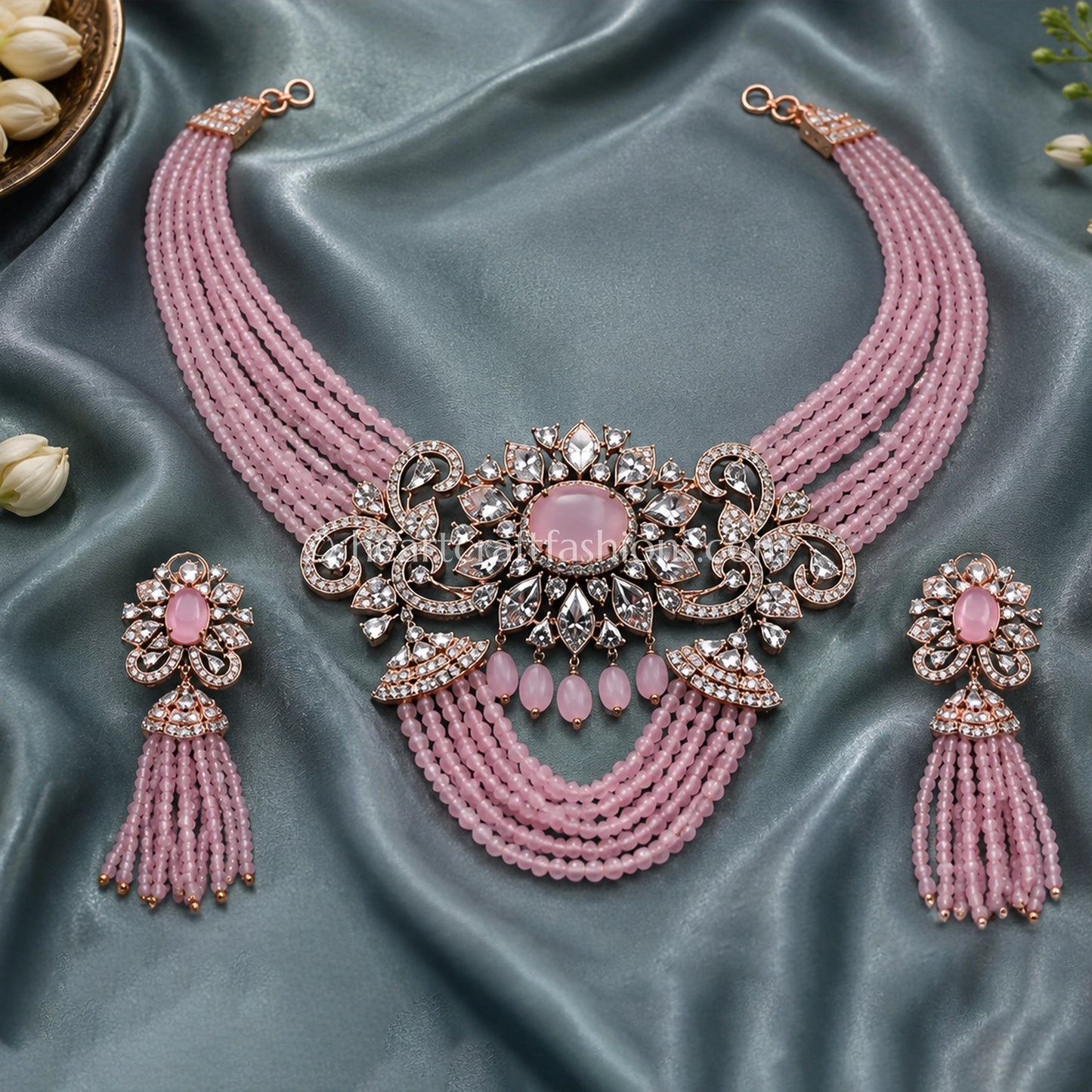Rose Pink Beaded Choker with Floral Medallion