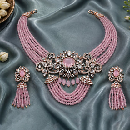 Rose Pink Beaded Choker with Floral Medallion