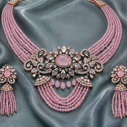 Rose Pink Beaded Choker with Floral Medallion