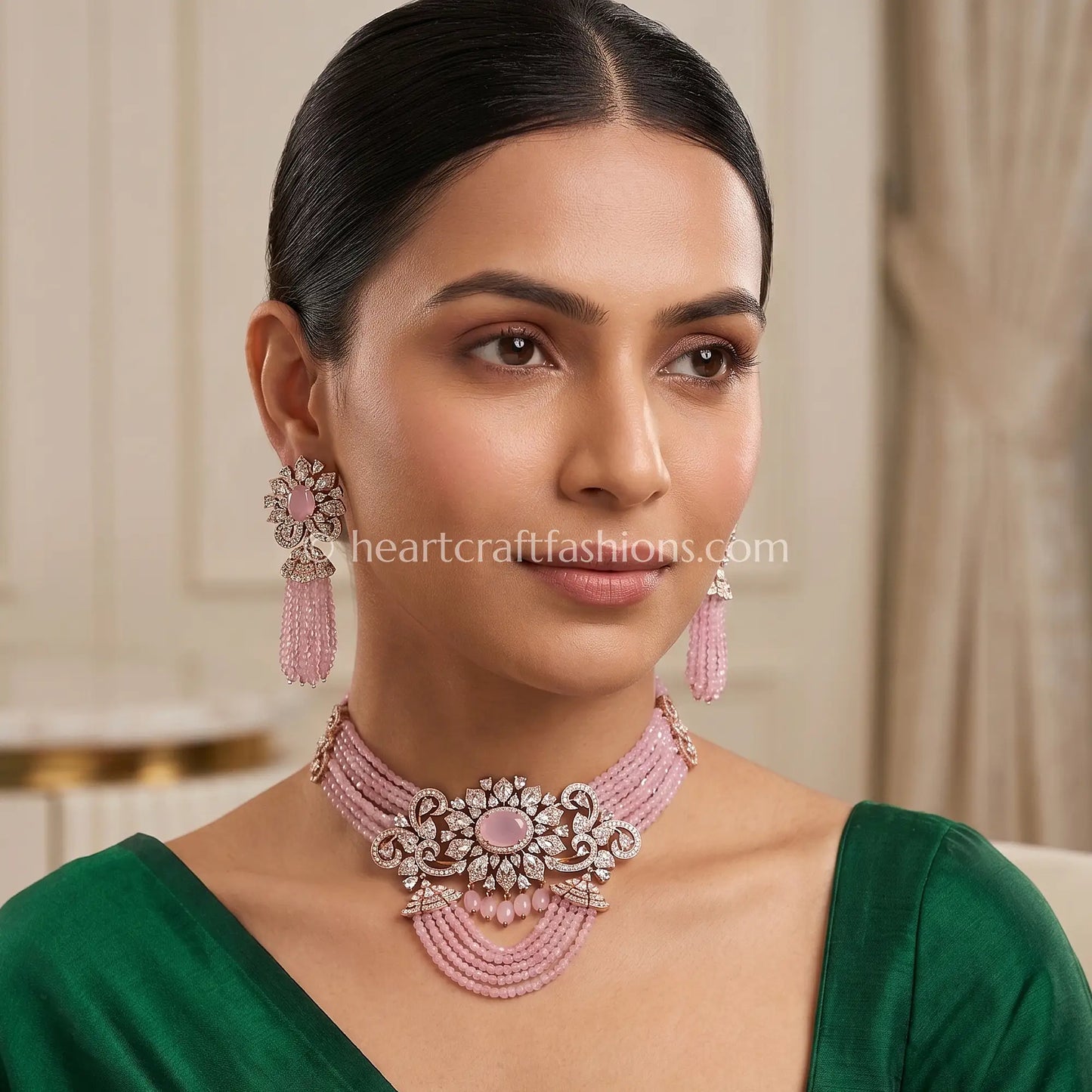 Rose Pink Beaded Choker with Floral Medallion