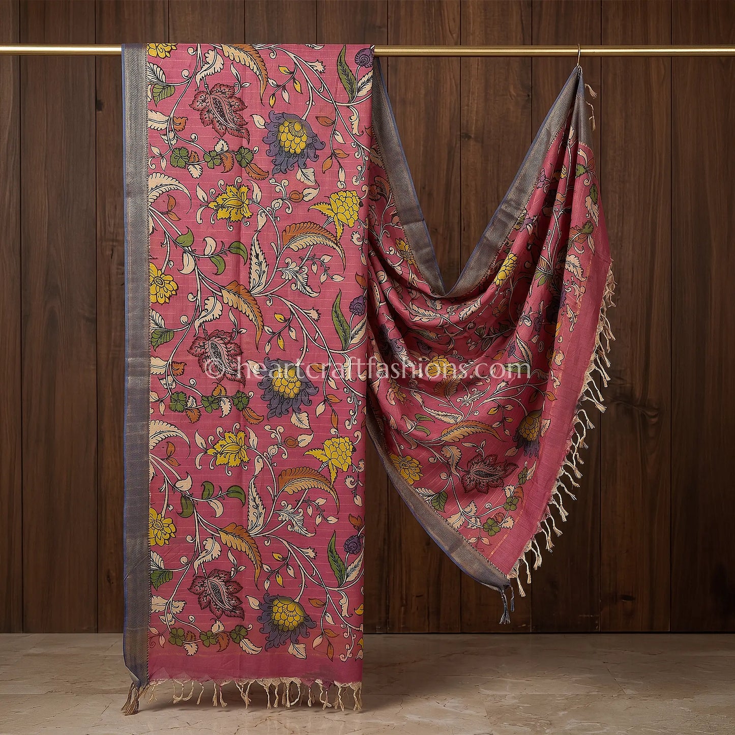 Rose Pink Kalamkari Hand Painted Bangalore Silk Floral Vine Dupatta