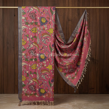 Rose Pink Kalamkari Hand Painted Bangalore Silk Floral Vine Dupatta