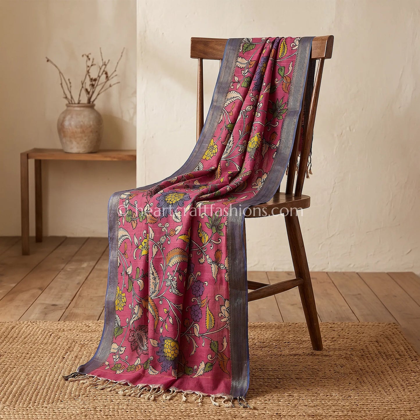 Rose Pink Kalamkari Hand Painted Bangalore Silk Floral Vine Dupatta