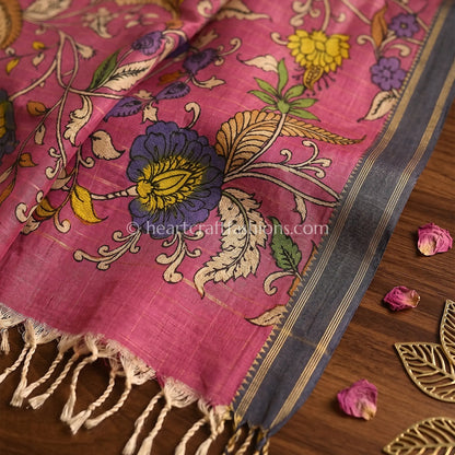 Rose Pink Kalamkari Hand Painted Bangalore Silk Floral Vine Dupatta