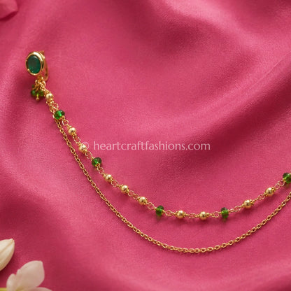 Round Emerald Heritage Kundan Press Nath with Layered Chain