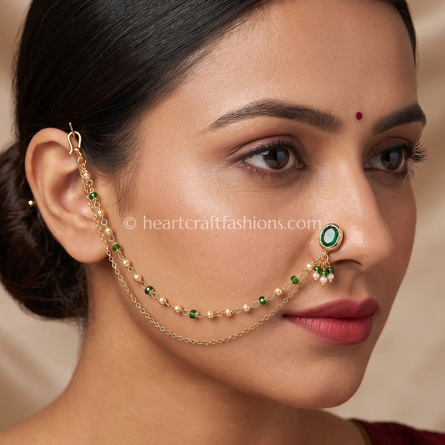 Round Emerald Heritage Kundan Press Nath with Layered Chain
