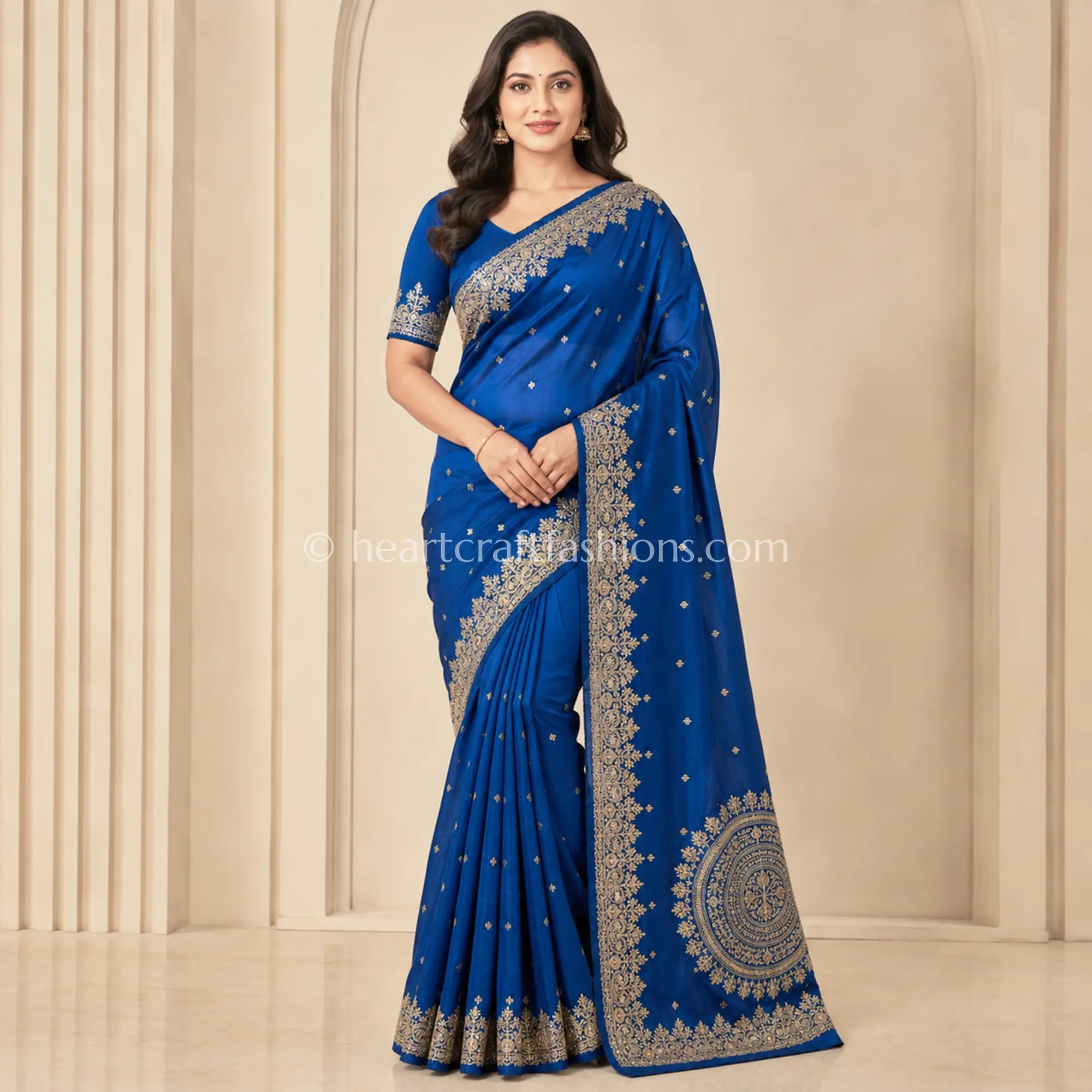 Royal Blue Designer Kora Silk Kolkata Zardosi Handwork Saree