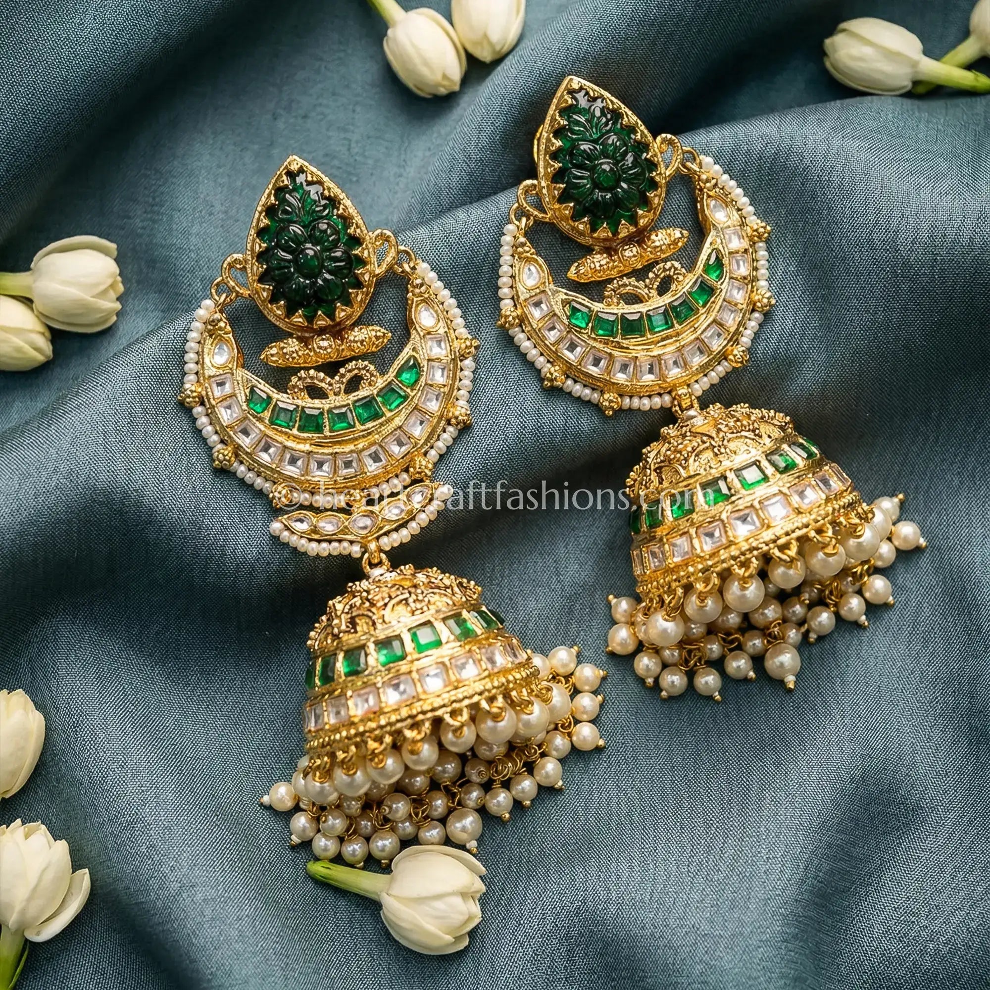 Royal Emerald Green Jadau Kundan Pearl Jhumka