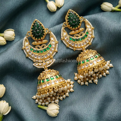 Royal Emerald Green Jadau Kundan Pearl Jhumka
