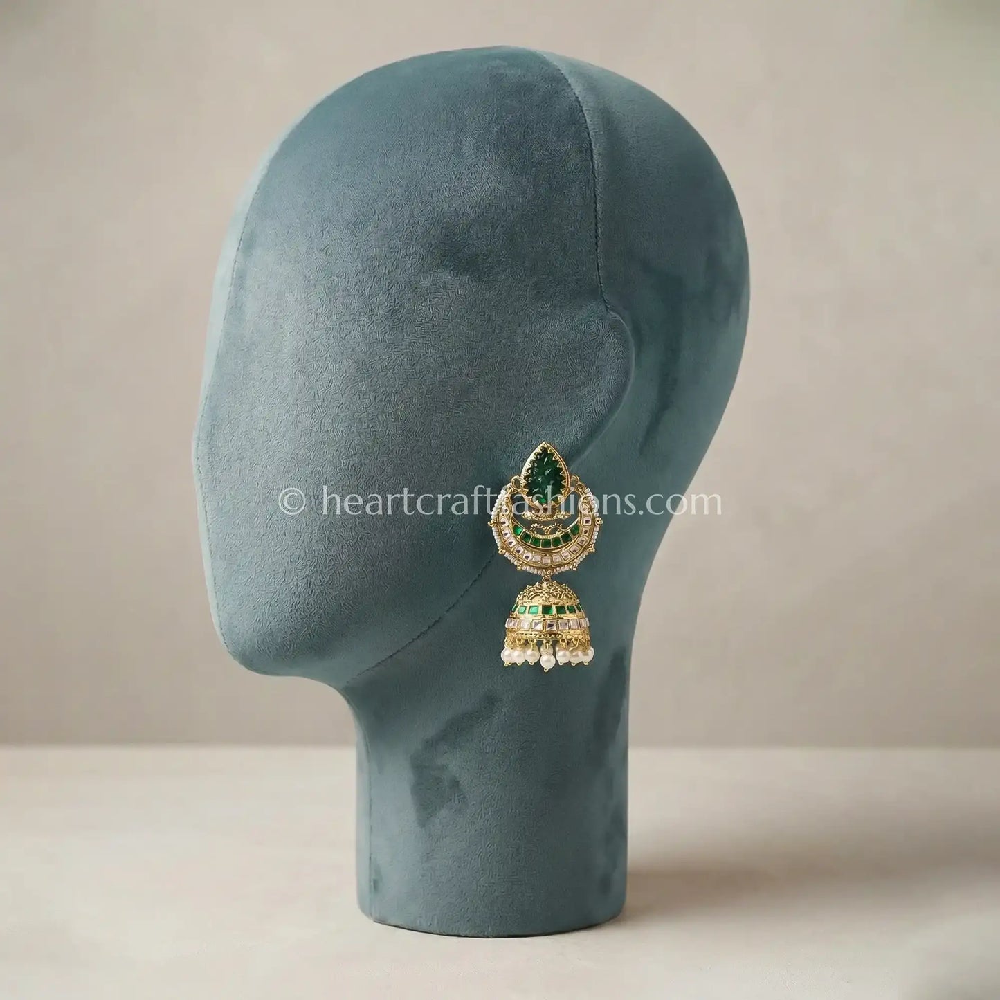 Royal Emerald Green Jadau Kundan Pearl Jhumka
