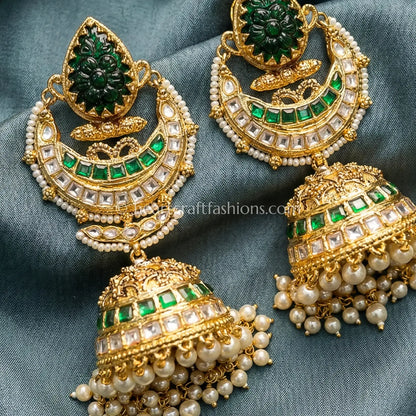 Royal Emerald Green Jadau Kundan Pearl Jhumka