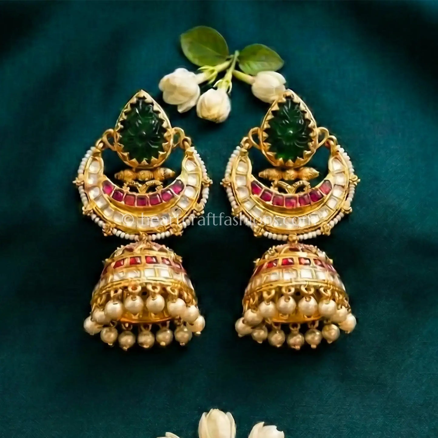 Royal Emerald Green & Ruby Jadau Kundan Pearl Jhumka