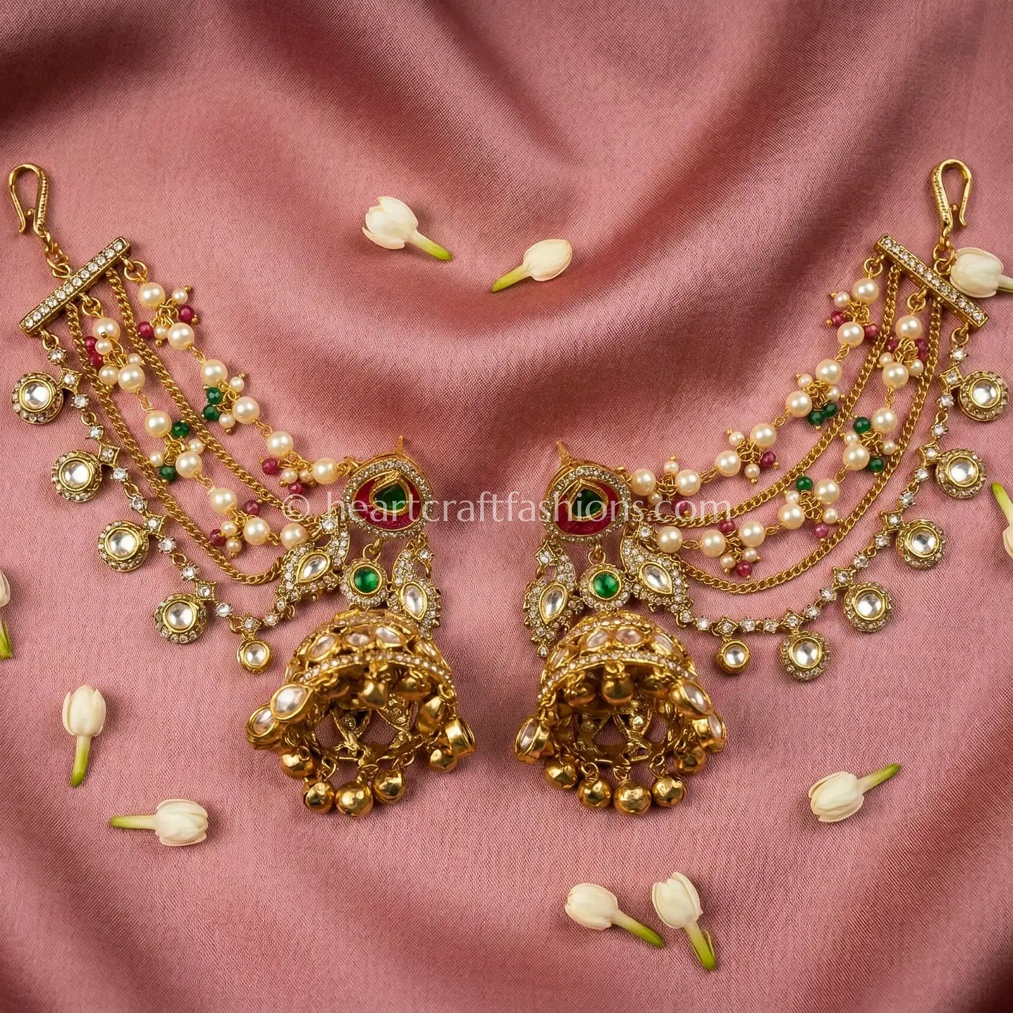 Sunehri Kundan Peacock Jhumka with Kanchain