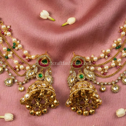 Sunehri Kundan Peacock Jhumka with Kanchain