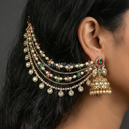 Sunehri Kundan Peacock Jhumka with Kanchain