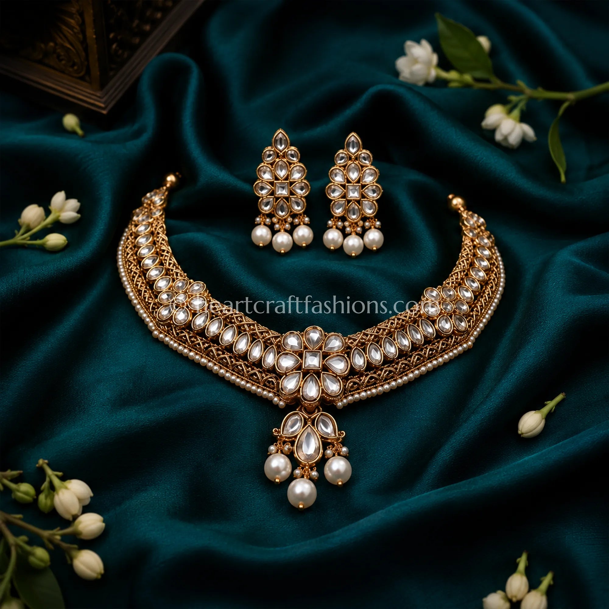 Royal Kundan Hasli & Classic White Pearl Choker Set