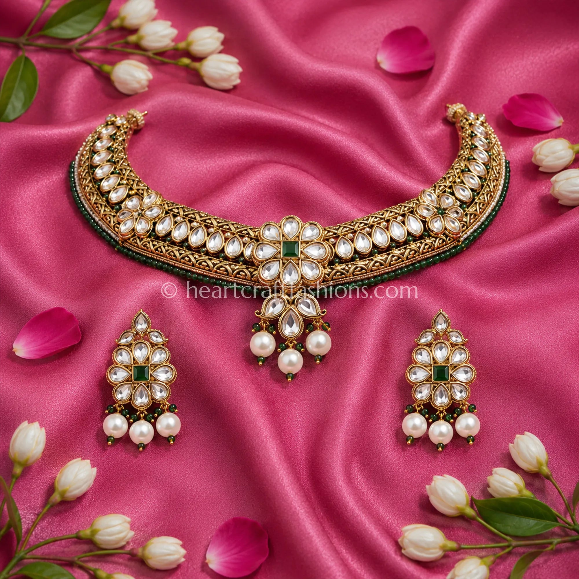 Royal Kundan Hasli & Emerald Green Bead Accent Choker Set with Pearl Drops