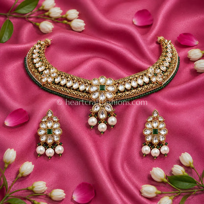 Royal Kundan Hasli & Emerald Green Bead Accent Choker Set with Pearl Drops