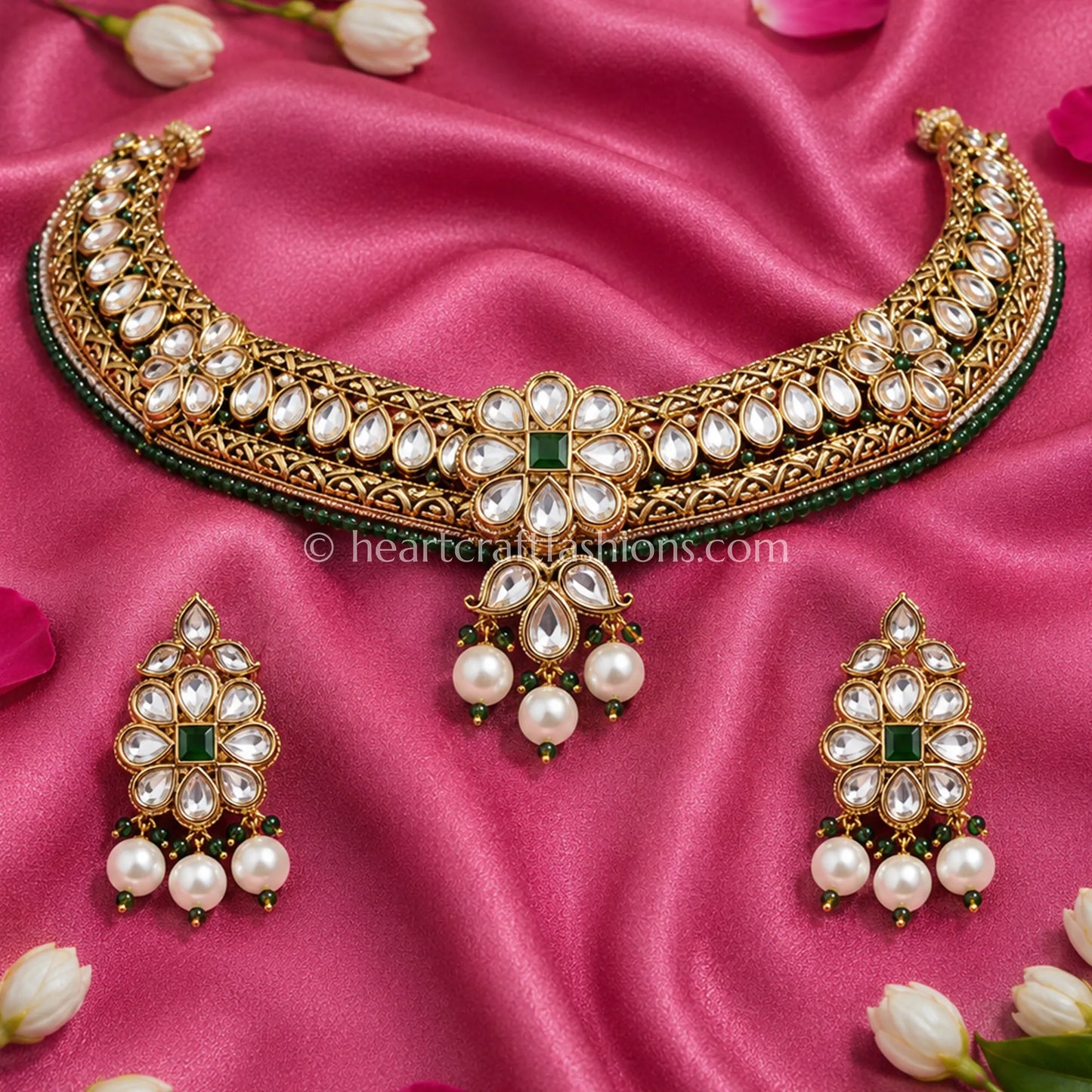Royal Kundan Hasli & Emerald Green Bead Accent Choker Set with Pearl Drops