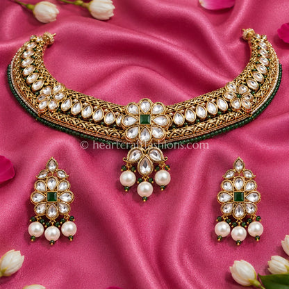 Royal Kundan Hasli & Emerald Green Bead Accent Choker Set with Pearl Drops