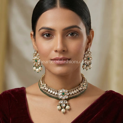 Royal Kundan Hasli & Emerald Green Bead Accent Choker Set with Pearl Drops