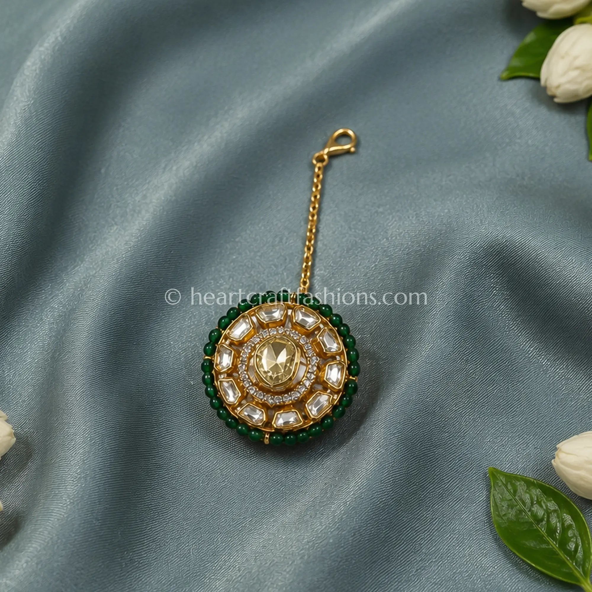 Royal Moissanite Champagne Kundan Borla with Emerald Bead Border
