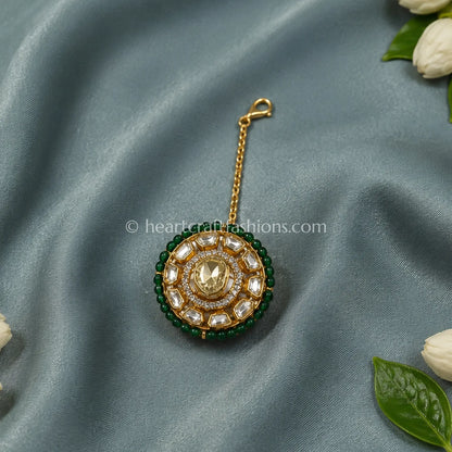 Royal Moissanite Champagne Kundan Borla with Emerald Bead Border