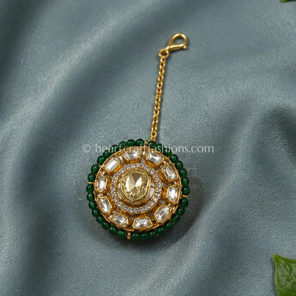 Royal Moissanite Champagne Kundan Borla with Emerald Bead Border
