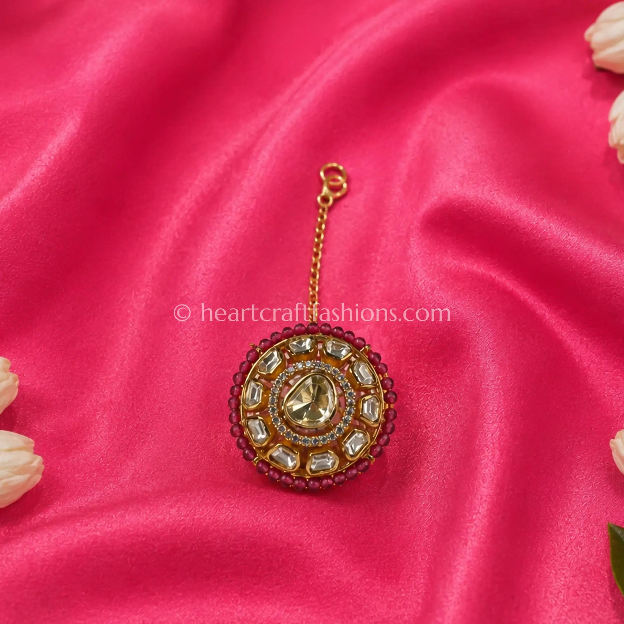 Royal Moissanite Champagne Kundan Borla with Ruby Bead Border