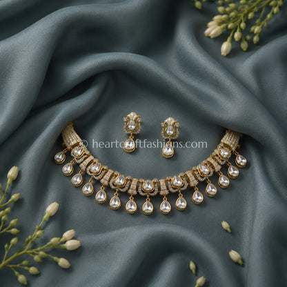 Royal Moissanite Polki & Antique Gold Crescent Choker Set