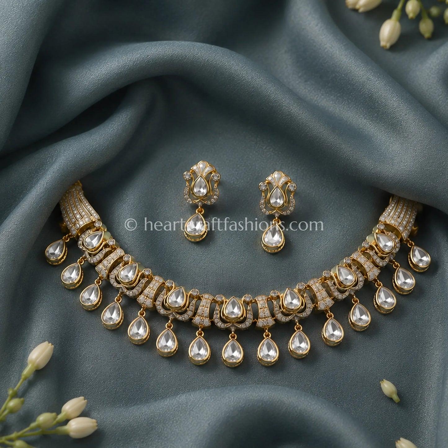 Royal Moissanite Polki & Antique Gold Crescent Choker Set
