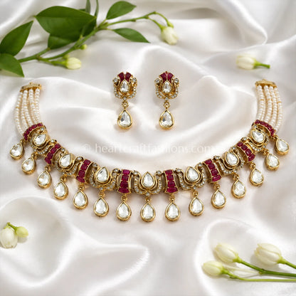 Royal Moissanite Polki & Ruby Red Crescent Choker Set