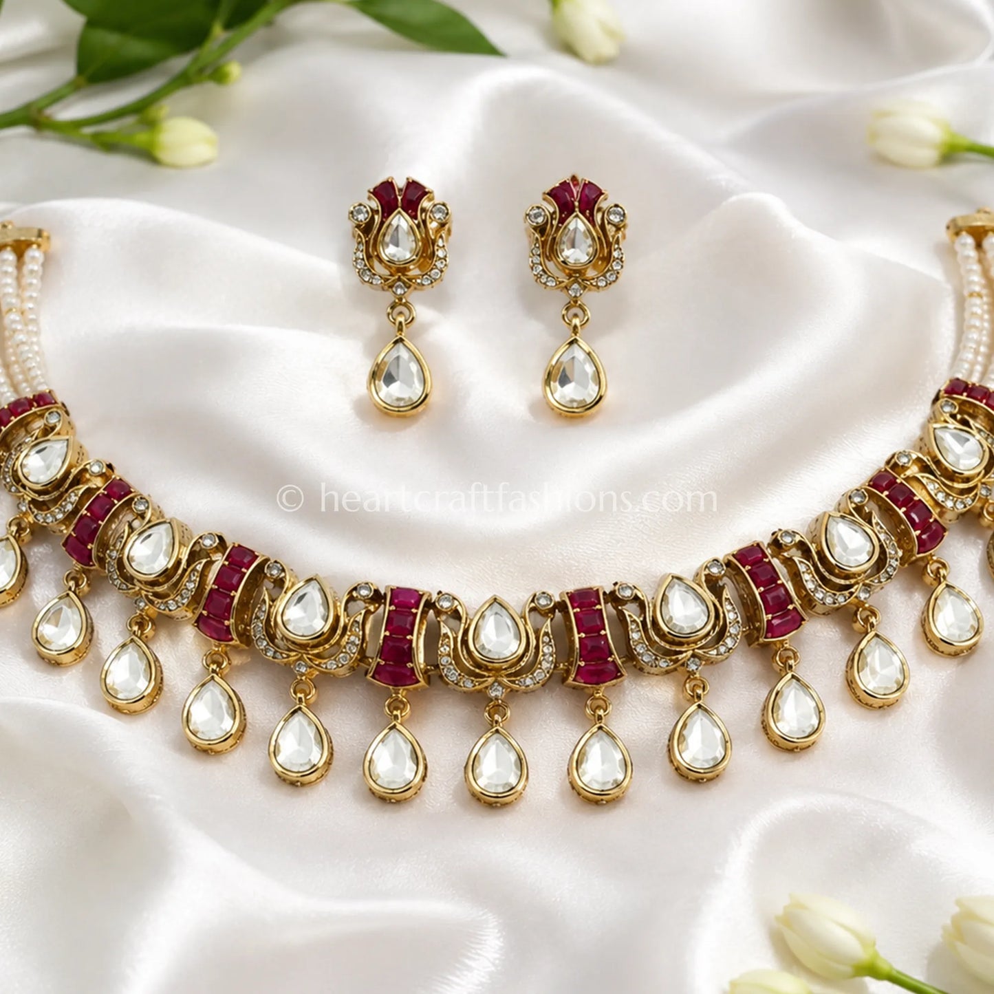 Royal Moissanite Polki & Ruby Red Crescent Choker Set